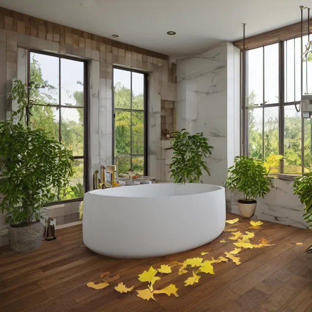 Image similar to post and beam bathroom interior, bathtub with golden faucet, wood cabinets, marble floor, large window in back with new hampshire fall foliage river view, large potted plant, realistic, unreal engine render, octane render, hyper realistic, photo, 8 k