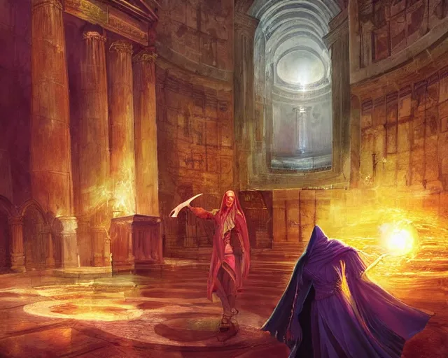 Image similar to a high fantasy warlock creating spells in the pantheon, artwork by marc simonetti