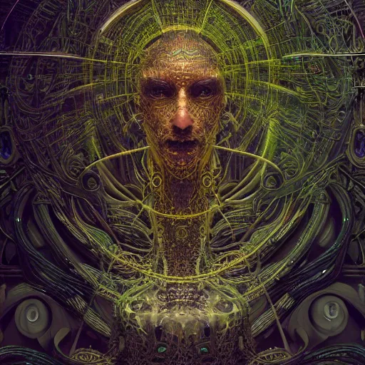 Image similar to cybernetic deity with networked mind tripping on acid, intricate detail, lovecraft, royo, whealan, giger, klimt, hd, octane render, unreal engine,