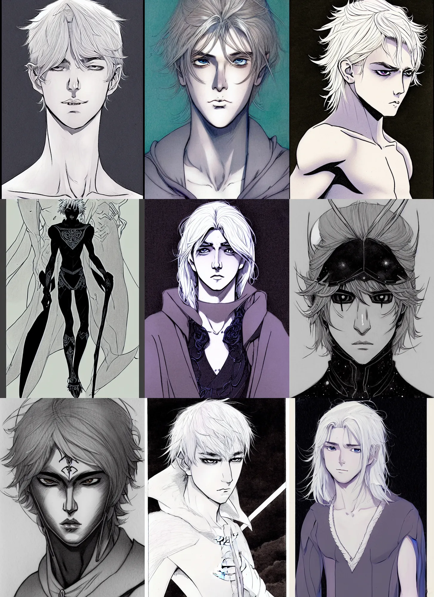 Prompt: young teen bishonen male drow prince! scrawny white haired drow! fantasy! moebius, milo manara, hugo pratt, french comic art, semi - realistic anime, portrait, beautiful face, symmetrical face, trending on pixiv, detailed, clean lines, sharp lines, crisp lines, award winning illustration, masterpiece, 4 k