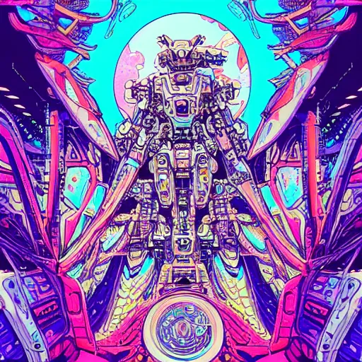 Image similar to beautiful detailed comic illustration, psychedelic fractals and robot mecha dinosaurs, cyberpunk, white, pink, blue, turquoise, orange, pastels