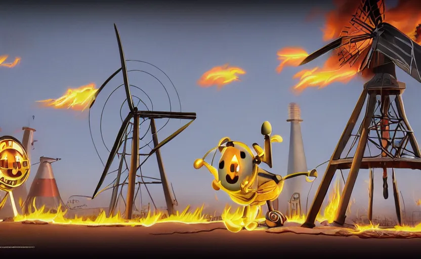 Image similar to a windmill, 1 9 2 0 s rubber hose cartoon style, looney tunes, silly symphony, robot, fire, ash, electricity lightning, furry, soft, concept art, sharp focus, intricate details, highly detailed, photorealistic, disney pixar, octane render, iridescent, anime, 8 k