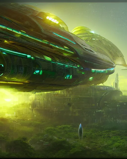 Image similar to Solarpunk space ship, futuristic utopia, scifi, green plants, golden engines, above city, fine details, atmosphere, glow, extreme realistic, trending on artstation