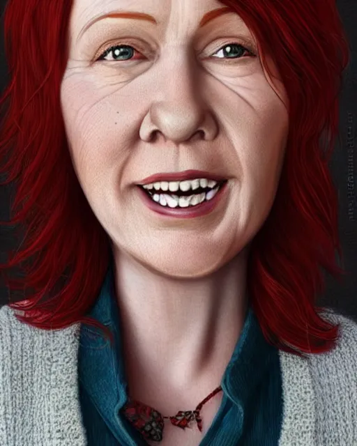 Image similar to portrait of happy short and plump 5 0 - year - old woman with red hair and, kind face, round face, short hair, molly weasley, wearing in cardigan, hyper realistic face, beautiful eyes, character art, art by mark brooks, hyperdetailed, cryengine, trending on artstation, digital art