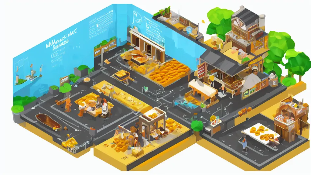 Prompt: mac and cheese humble isometric tuna village / city setting