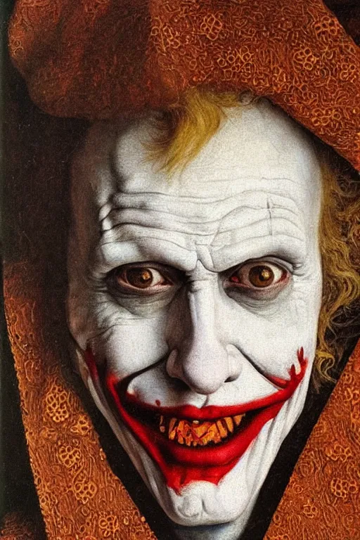 Image similar to portrait of the joker, oil painting by jan van eyck, northern renaissance art, oil on canvas, wet - on - wet technique, realistic, expressive emotions, intricate textures, illusionistic detail