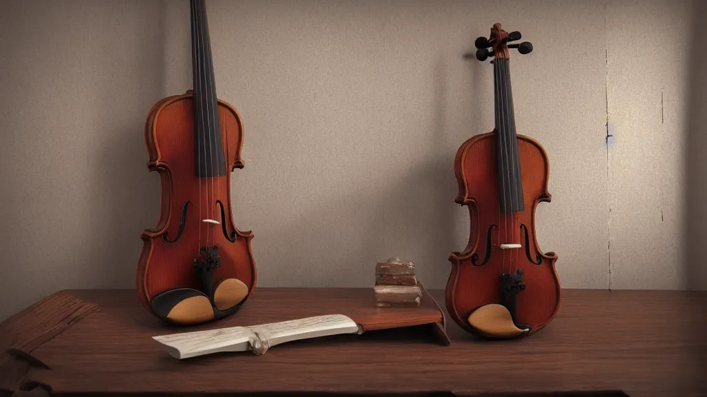 Image similar to a violin on an ancient beautiful ornated wood desk in victorian house, beautiful reflexions, detailed wooden table, photorealistic, photorealism, diffuse light, octane render