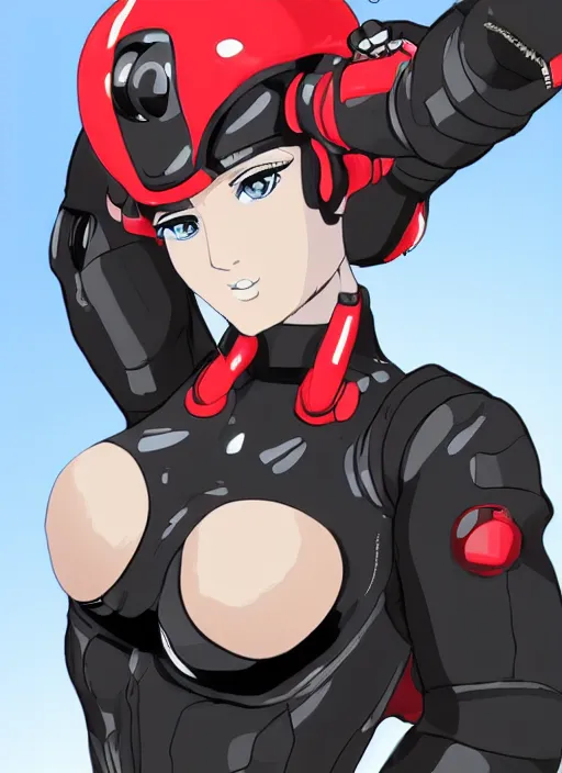 Image similar to Portrait of a female mech pilot in a black latex bodysuit, anime, cel-shaded, highly detailed, monotone, red highlights