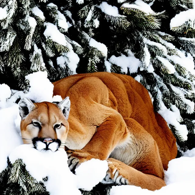 Image similar to magazine page showing 'a cougar sleeping in the middle of snowy pine tree' laying on coffee table, zoomed out shot, HD