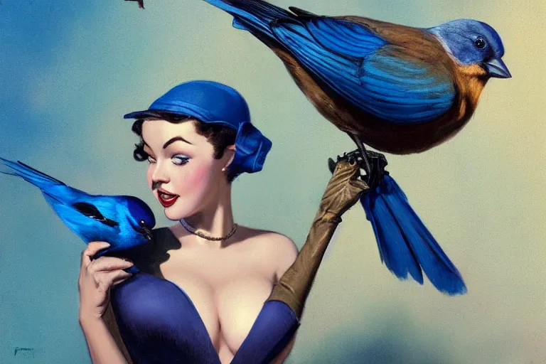 Image similar to pinup girl holding an indigo bunting, bird, the bird is wearing a bowtie, by greg rutkowski, rossdraws, gil elvgren, enoch bolles, anime, porcelain skin, very coherent