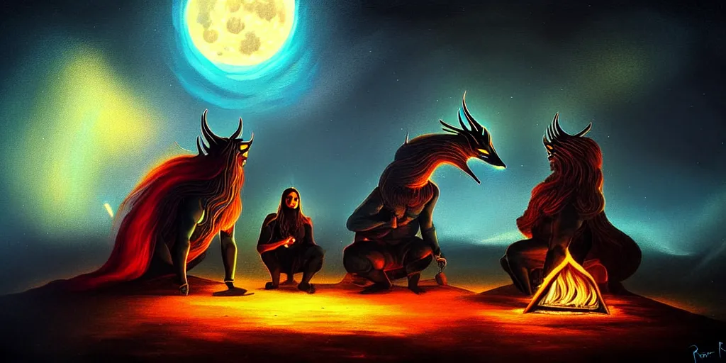 Image similar to uncanny bifrost!!!!!! mythical beasts of sitting around a fire under a full moon at bifrost, surreal dark uncanny painting by ronny khalil