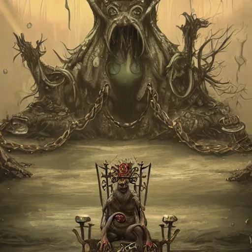 Image similar to murky sewer scene with an evil rat sitting on a throne, surrounded by his court of rats, wearing elaborate reneissance clothing. trending on artstation, fantasy illustration, rat people, extremely detailed, grim