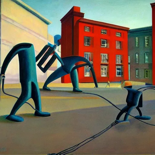 Image similar to robot tug of war, dystopian, pj crook, edward hopper, oil on canvas