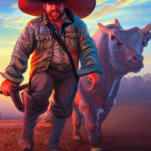 Image similar to Chubby Ethan Van Sciver as a cowboy chasing cattle, colorful, dramatic lighting, detailed, intricate, elegant, highly detailed, digital painting, artstation, concept art, smooth, sharp focus, illustration