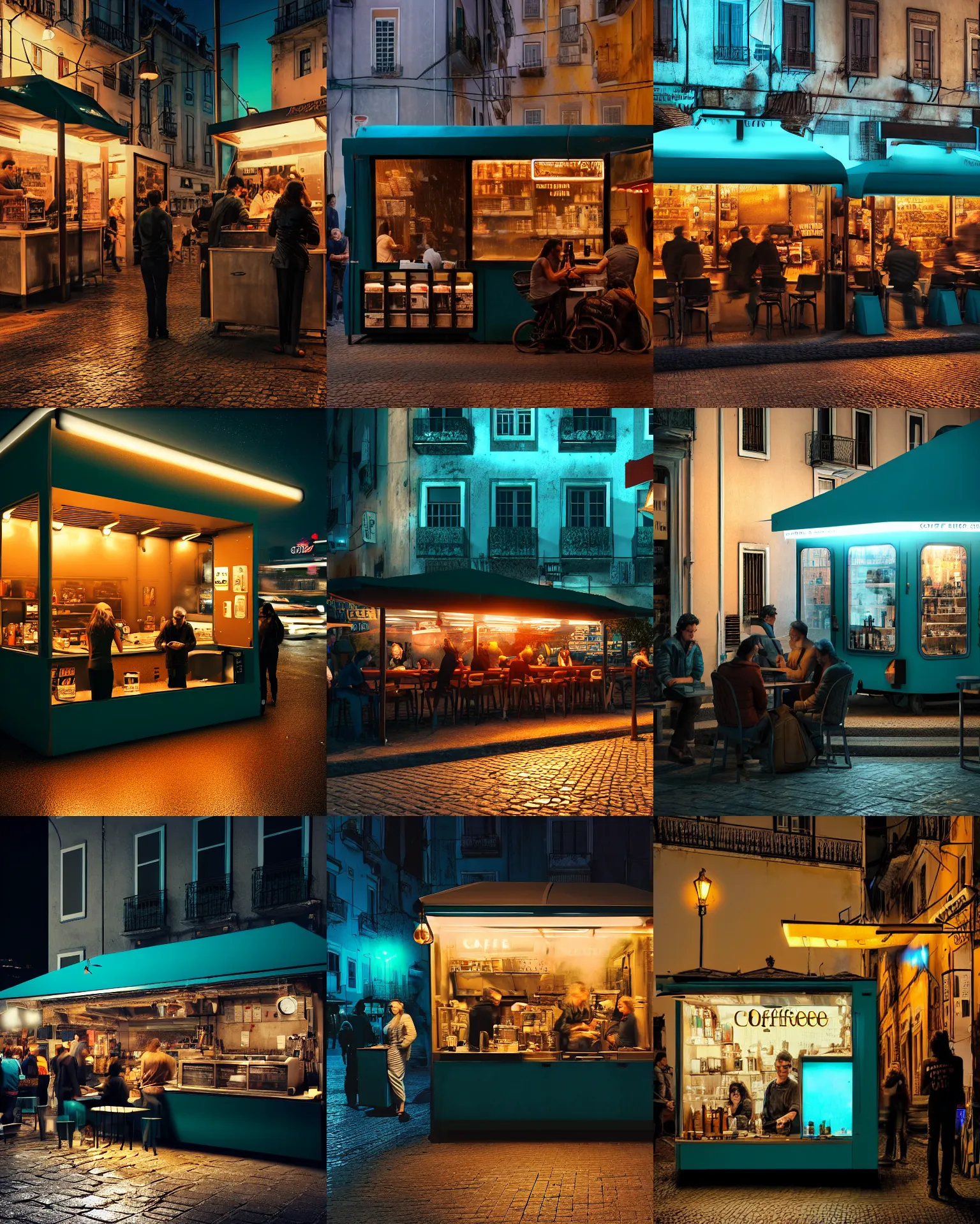 Prompt: establishing shot of an outdoor coffee stand in lisbon at night, like a scene from blade runner, customers drinking at the outdoor coffee stand, steamy, dark teal lighting, hard dramatic lighting, unreal engine, hyper realism, realistic shading, cinematic composition, blender render, octane render, hdr, detailed textures, photorealistic, sharp focus, wide shot