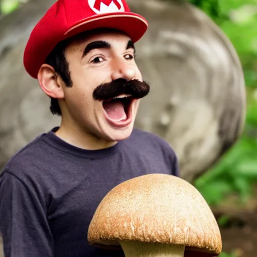 Image similar to photo of real life mario finding a giant mushroom, exhilarated, portrait, closeup. mouth open, 30mm, bokeh