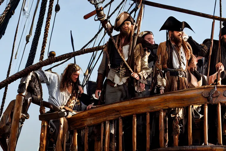 Image similar to closeup movie pirate crew on an old pirate ship, by emmanuel lubezki