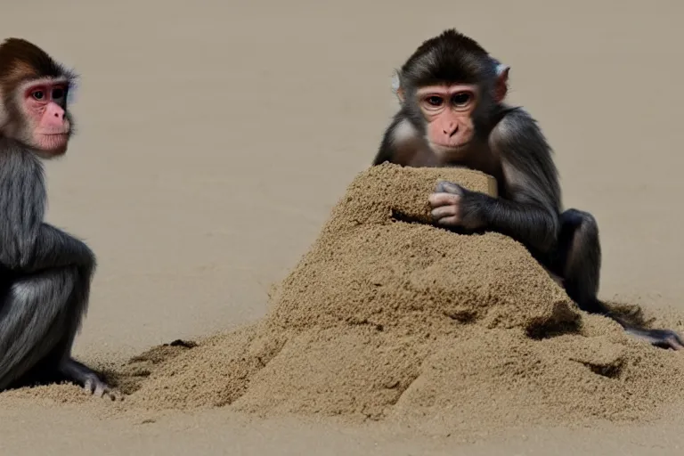 Image similar to a monkey touching a sand castle
