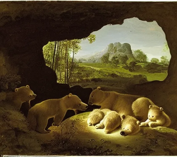 Prompt: viewer looking into dark cave and seeing a mother bear and her cubs sleeping, night time, artwork by Pieter Claesz, impressionism