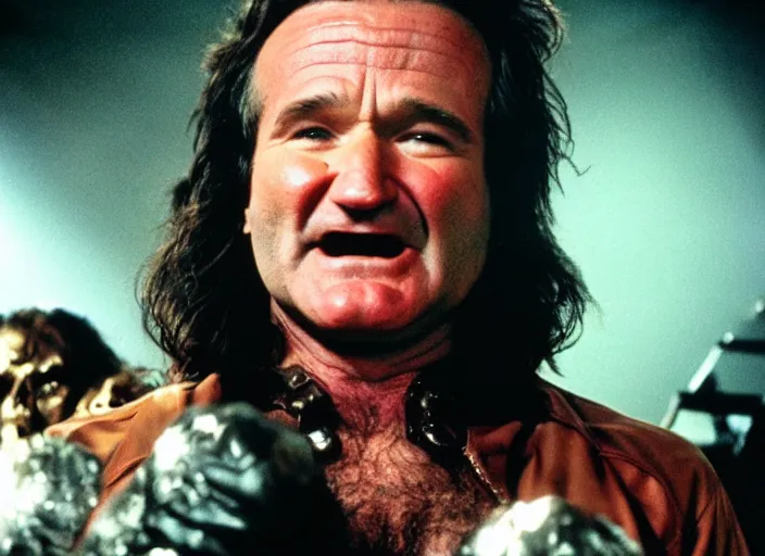 Image similar to promotional image of robin williams in a heavy metal band in a movie from 1978, rugged black clothes, detailed face, movie still frame, promotional image, imax 70 mm footage