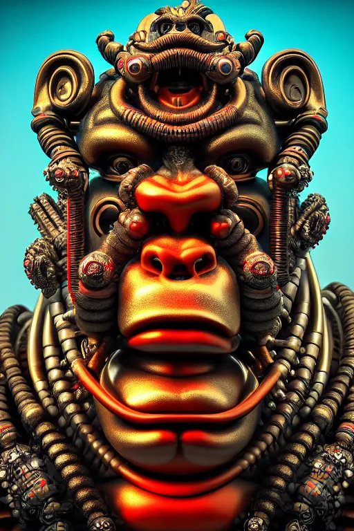 Image similar to high quality 3 d render post - rococo cyberpunk hanuman! head building, neon madhubani, open mouth, highly detailed, in sci - fi mumbai, cinematic smooth unreal engine, lee madgwick & liam wong, dramatic light, low angle, uhd 8 k, sharp focus