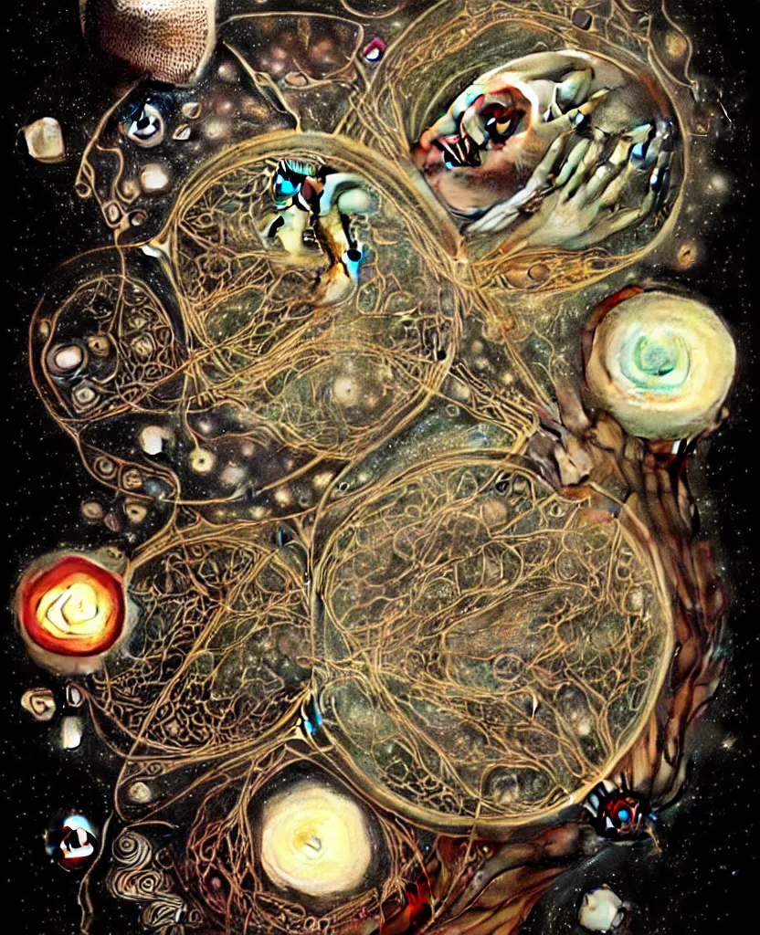 Image similar to inside the universe of a human body soul, whimsical uncanny creature alchemizes unique canto about'as above so below'being ignited by the spirit of haeckel and robert fludd, breakthrough is iminent, glory be to the magic within, to honor jupiter, surreal collage by ronny khalil