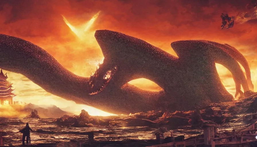 Image similar to a filmstill of the movie Pulgasari by Shin Sang-ok, a giant kaiju starfish destroying a korean palace, epix composition, dramatic lighting