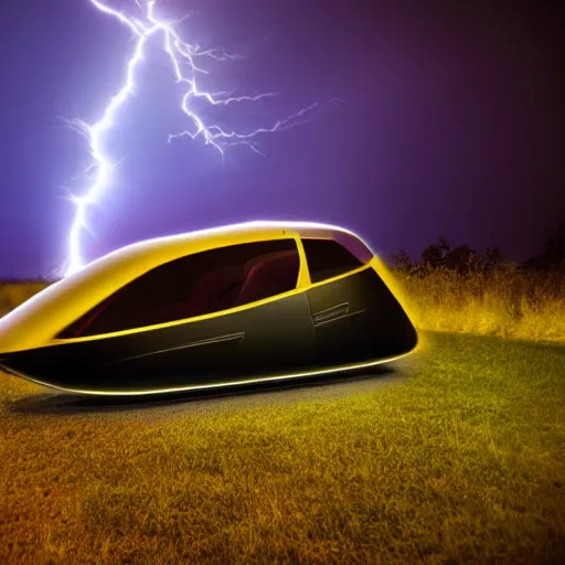 Image similar to futuristic flying car in a night sky thunderstorm, emerging from a circular portal made of lightning, 8k 28mm cinematic photo