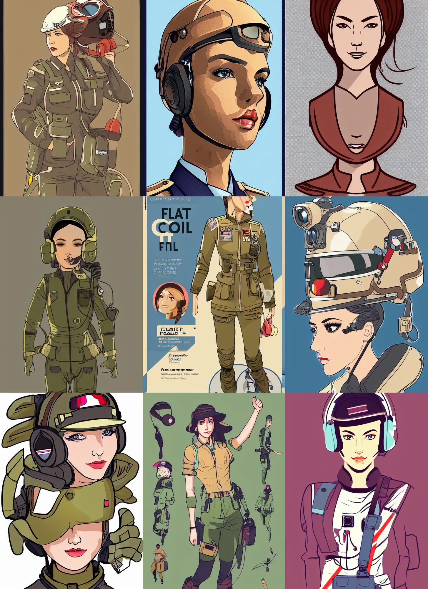 Prompt: flat color cell shaded full body female pilot beautiful face wearing full detailed clothing, boxart