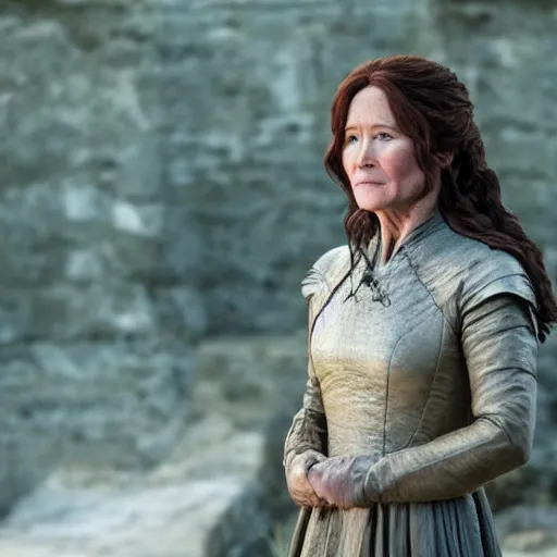 Image similar to mary mcdonnell as catlyn stark from game of thrones golden hour cinematic