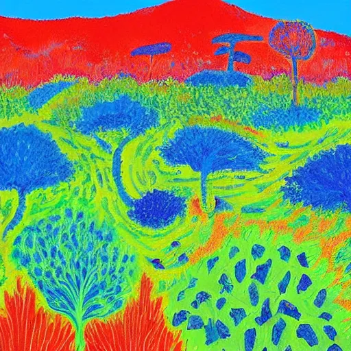 Image similar to rough acrylic painting of a lush natural scene on an alien planet by david hockney. beautiful landscape. weird vegetation. cliffs and water.