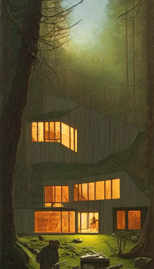 Image similar to cozy ultra modern home in the woods moody lighting, highly detailed, painting by zdzisław beksinski and norman rockwell and greg rutkowskiweta studio, and lucasfilm