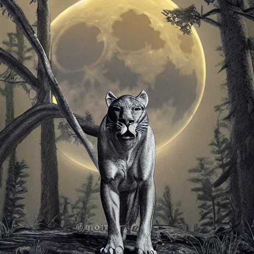 Image similar to a panther roaring at the moon in a forest during the night, large moon in the center. artistic. illustration. trending on artstation. cinematic. photoreal. dark colors. night.