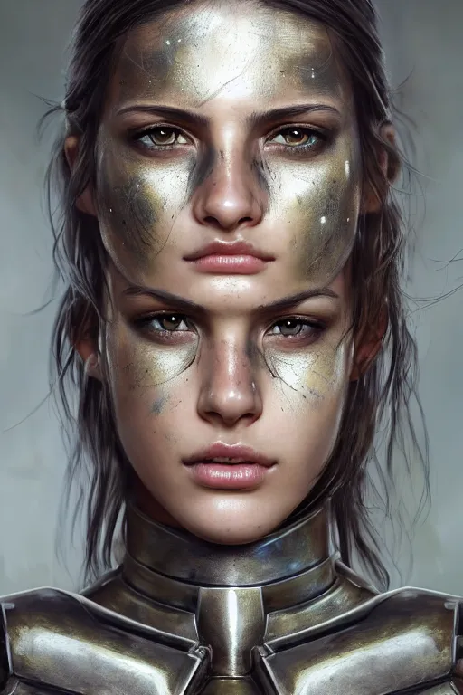 Prompt: a photorealistic painted portrait of an attractive young girl, partially clothed in dull metal-plated battle armor, olive skin, long dark hair, dirty skin, beautiful bone structure, symmetric facial features, perfect photorealistic eyes, natural physique, intricate, elegant, digital painting, concept art, finely detailed, beautifully illustrated, sharp focus, minimal artifacts, from Metal Gear, by Ruan Jia and Mandy Jurgens and Artgerm and William-Adolphe Bouguerea, in the style of Greg Rutkowski, trending on Artstation, award winning