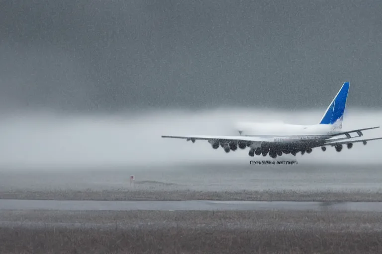 Image similar to a boeing 7 4 7 landing on a runway in heavy rain and wind, photo from a spectator, 8 k, natural lighting