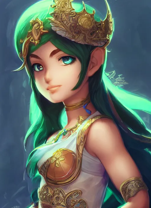 Image similar to portrait, head and torso only, palutena, trending on artstation, concept art, movie poster, fine detail, extremely detailed, sharp focus, smooth, digital illustration, by rossdraws, frank franzzeta, sakimichan, corrected hand, perfect hands