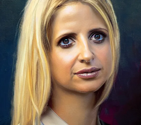 Image similar to a hyper-detailed portrait of Sarah Michelle Gellar; Sarah Michelle Gellar by Craig Mullins; oil on canvas; trending on artstation; 90mm; f/1.4