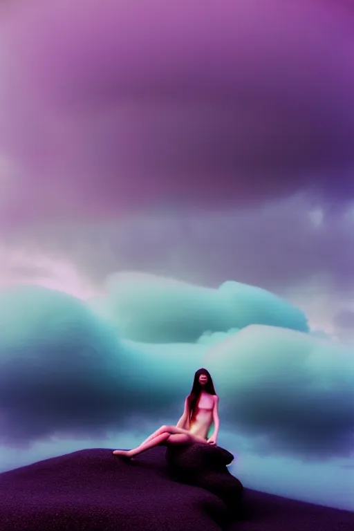 Image similar to high quality pastel coloured film close up wide angle photograph of a model wearing clothing swimming on cloud furniture in a icelandic black rock!! environment in a partially haze filled dreamstate world. three point light, rainbow. photographic production. art directed. pastel colours. volumetric clouds. pastel gradient overlay. waves glitch artefacts. extreme facial clarity. 8 k. filmic.