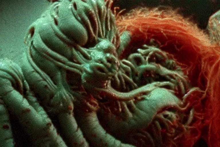 Image similar to scary filmic closeup color ground level angle movie still 35mm film color photograph of a shape shifting abstract alien organism from The Thing 1982 spewing swirling slimey tendrils inside of a child's bedroom, in the style of a horror film