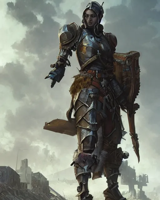 Image similar to hyper realistic photo of postapocalyptic medieval paladin armored girl, full body, cinematic, artstation, cgsociety, greg rutkowski, james gurney, mignola, craig mullins, brom