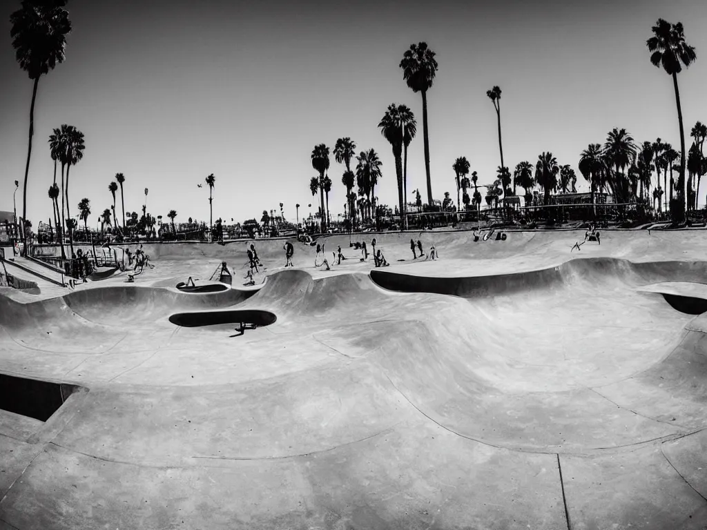 Image similar to “A black and white fisheye photo of Venice beach skate park”
