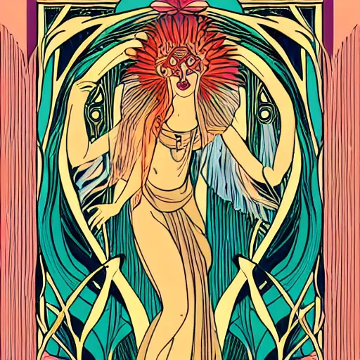 Prompt: ethereal, numinous goddess of the forest draped in magic by Tina lavoie, minimal, flat colors, art deco, art nouveau, ornate border