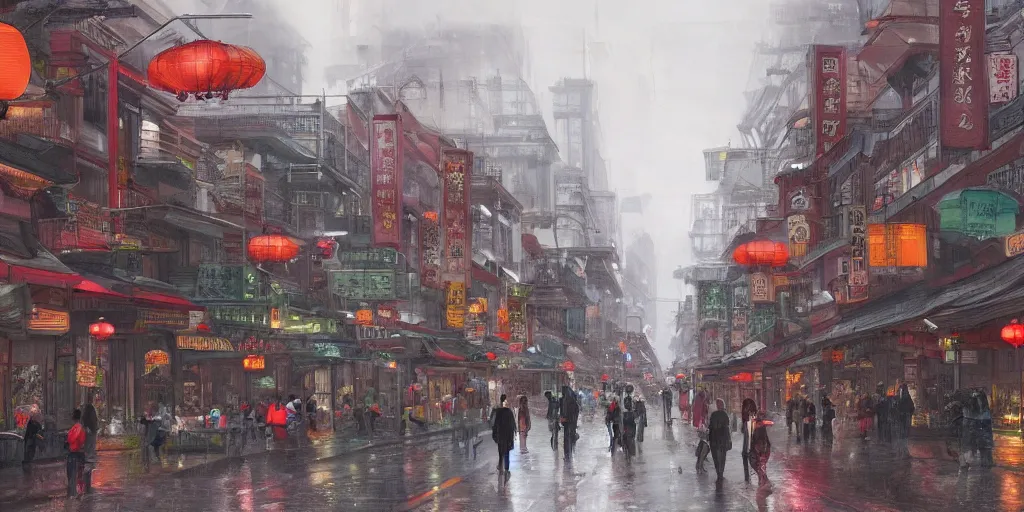 Image similar to an environmental concept art of a busy street in chinatown, rainy, highly detailed by francis tneh