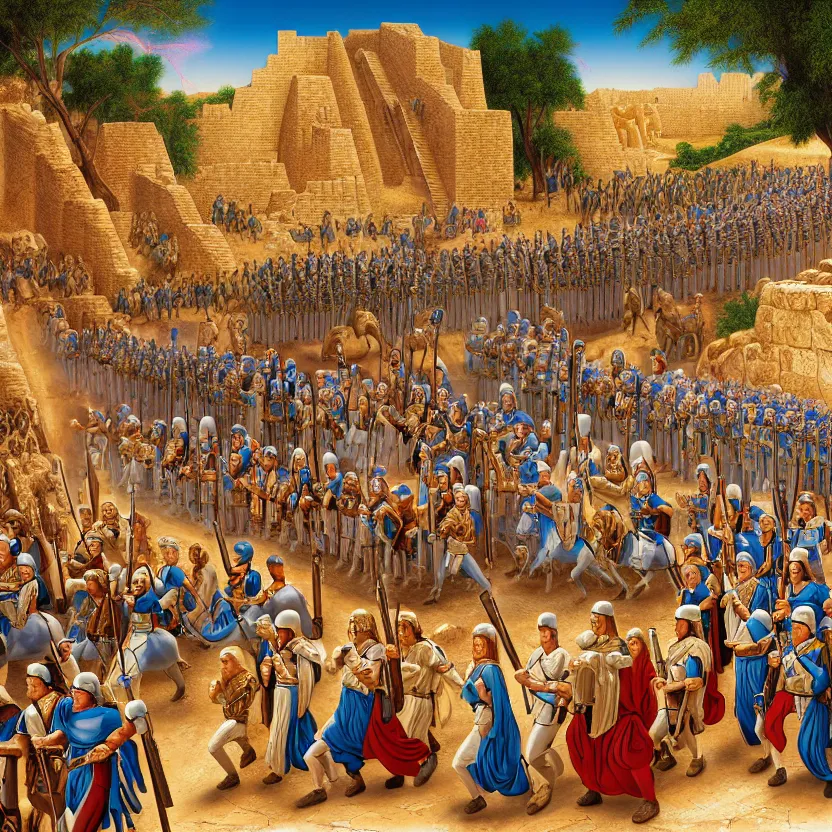 Prompt: the army of ancient israel marching behind the ark of the covenant around the walls of ancient jericho, by lisa frank, mark brooks, 8 k high detail