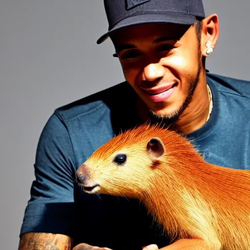 Image similar to an award winning photo of lewis hamilton holding a baby capybara, 4 k