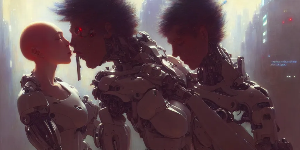 Prompt: male cyborg kissing female android by gaston bussiere, anna nikonova aka newmilky, greg rutkowski, yoji shinkawa, yoshitaka amano, tsutomu nihei, muira, moebius, donato giancola, trending on artstation, featured on pixiv h - 1 0 2 4