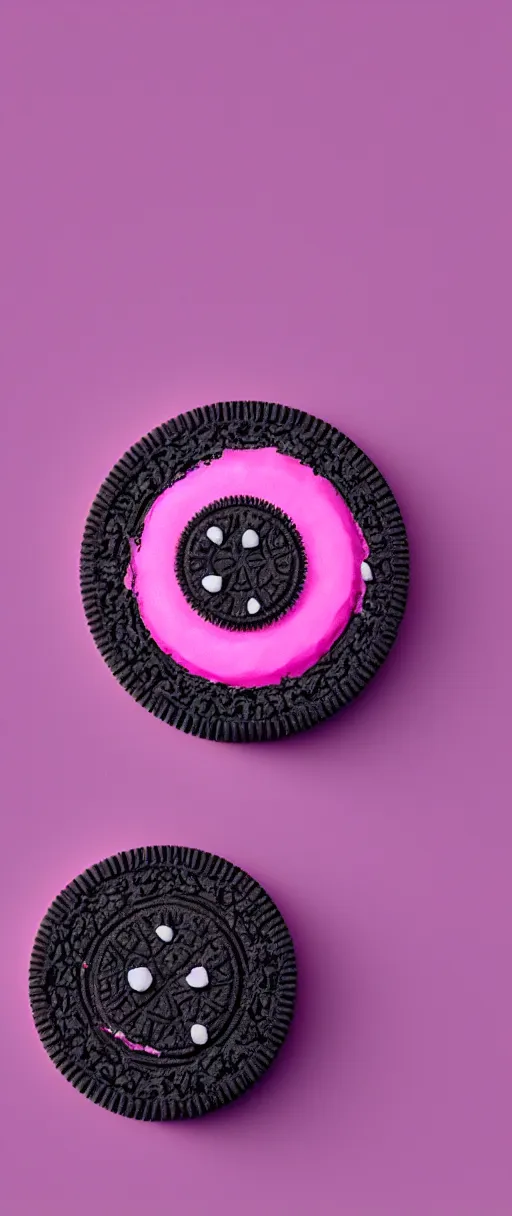 Image similar to octane render of an oreo, three point lighting, pink to blue gradient backround, hyper realistic