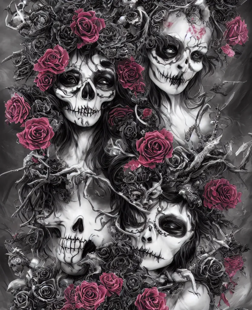 Prompt: a chaotic goddess of death skull black rose s day of the dead atmospheric, dramatic, concept art by a professional manga illustrator, Stanley Artgerm Lau, WLOP, Rossdraws, James Jean, Andrei Riabovitchev, Marc Simonetti, and Sakimichan hyperrealist, cinema4D, 8k highly detailed ❤️‍🔥 🔥 💀 🤖 🚀