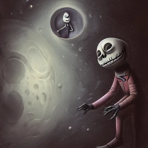 Image similar to michal karcz surrealism drawing of the end of an astronaut happy in the galaxy. , in the style of jack skellington, in the style of a clown, loony toons style, horror theme, detailed, elegant, intricate, 4k, Renaissance painting