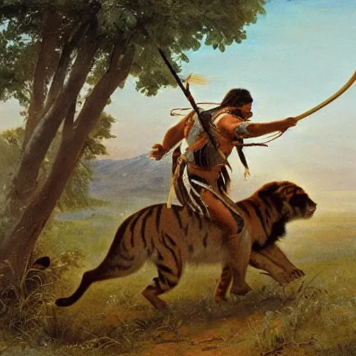 Image similar to native american man hunting sabertooth tiger on great plains with bow and arrow, painting by emanuel leutze and emanuel leutze and emanuel leutze and emanuel leutze and emanuel leutze